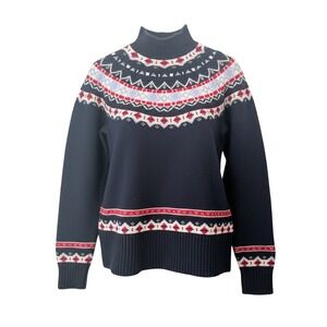 JCrew Fair Isle Sweater Women Medium Navy Blue Good Lambswool Blend Mock Neck